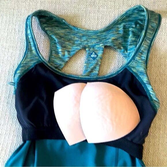 Prana Teal Green Mottled Print Keyhole Back Padded Workout Athletic Tank Top - Picture 8 of 10